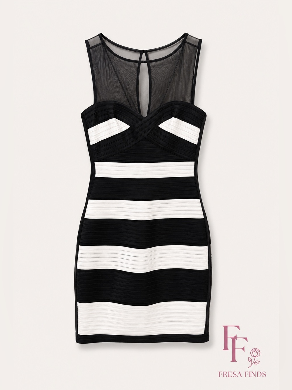 BCBGMAXAZRIA Mara Black White Striped Bandage Dress Mesh Illusion Size 2